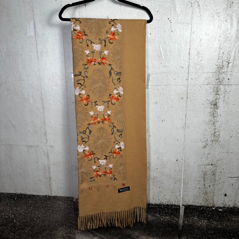 Beige butter soft cashmere embroidered floral pashmina scarf wrap ruana